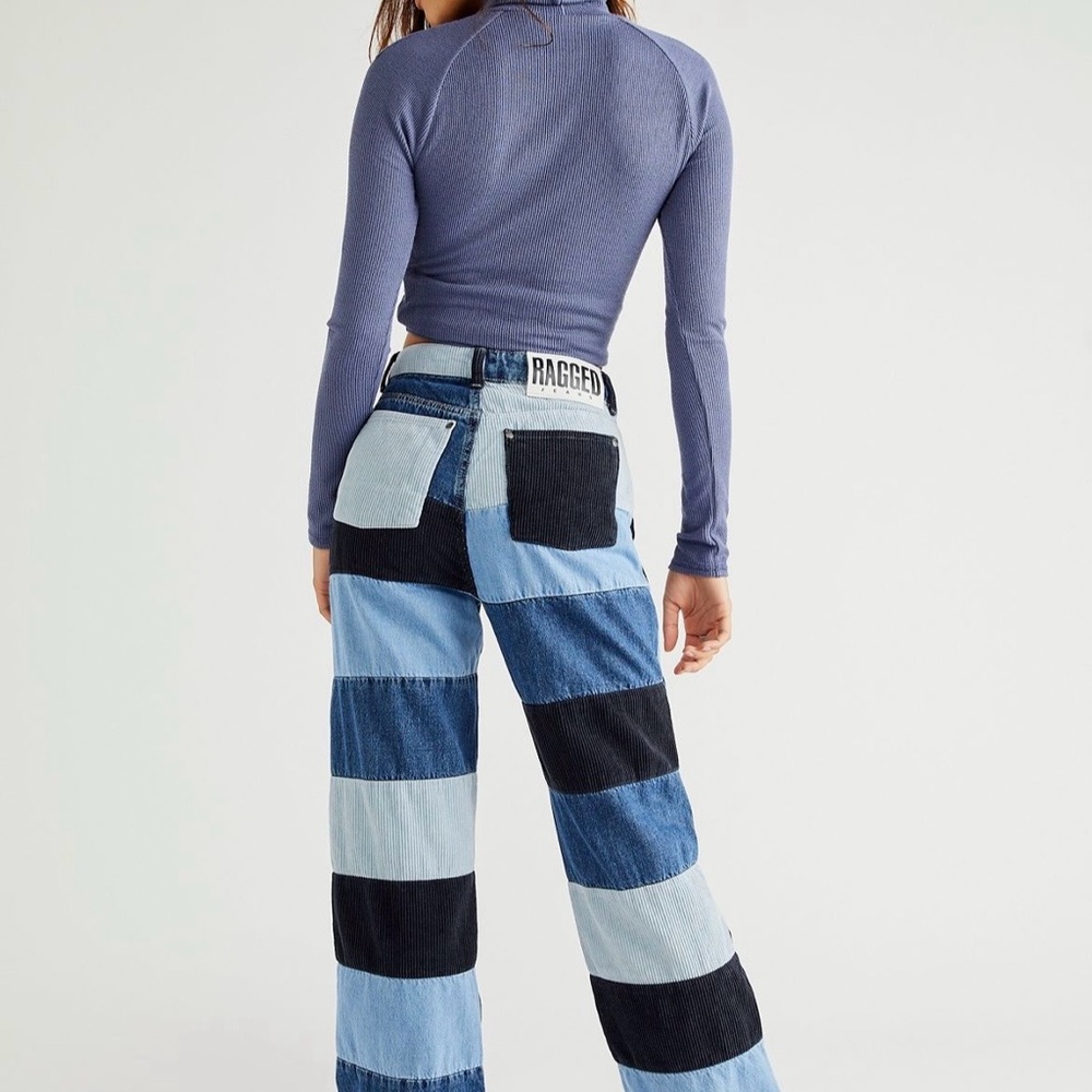 Free People Multi-Blue Patchwork Straight Leg Jea… - image 4